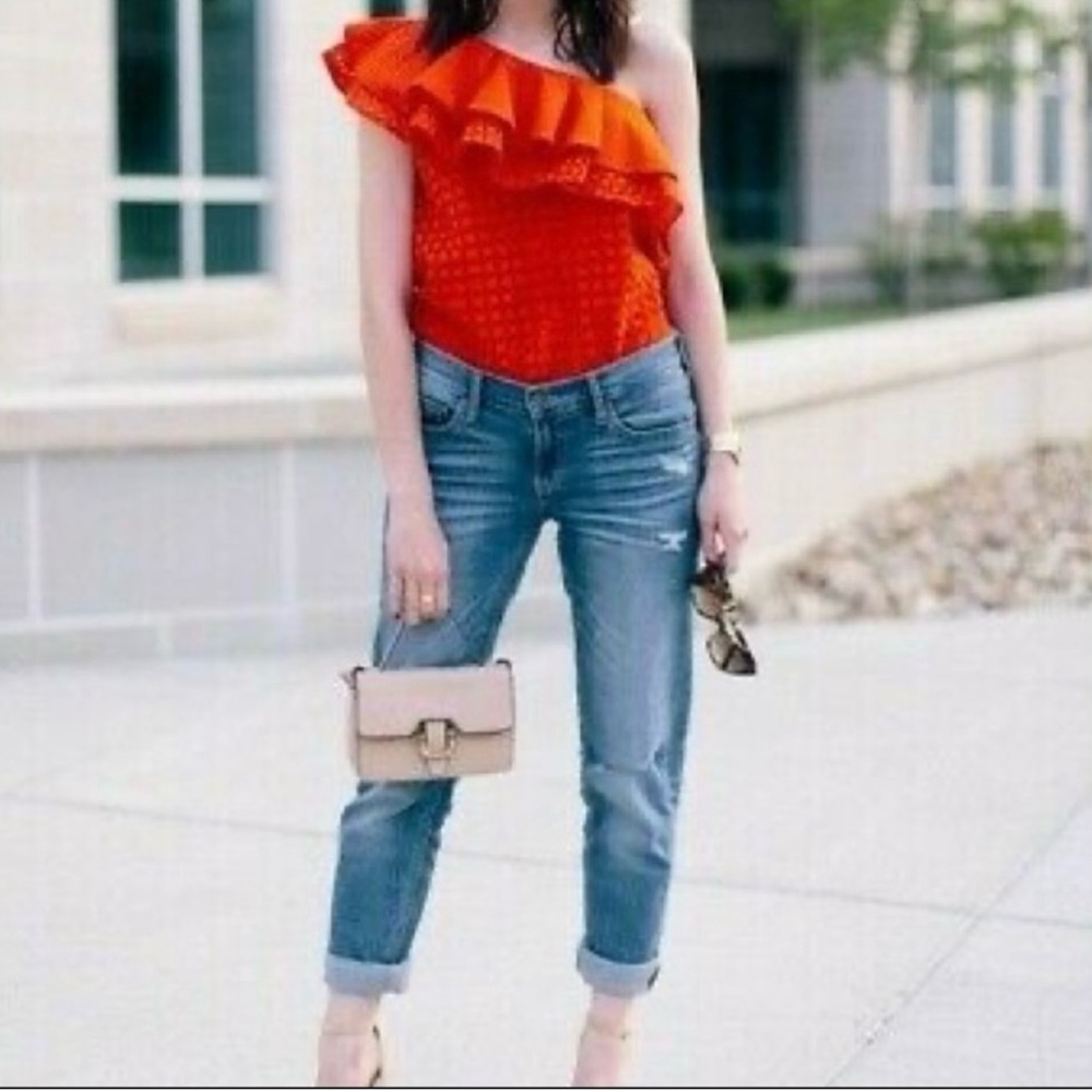 J.Crew One-Shoulder Red Ruffle Eyelet Top - Picture 3 of 9